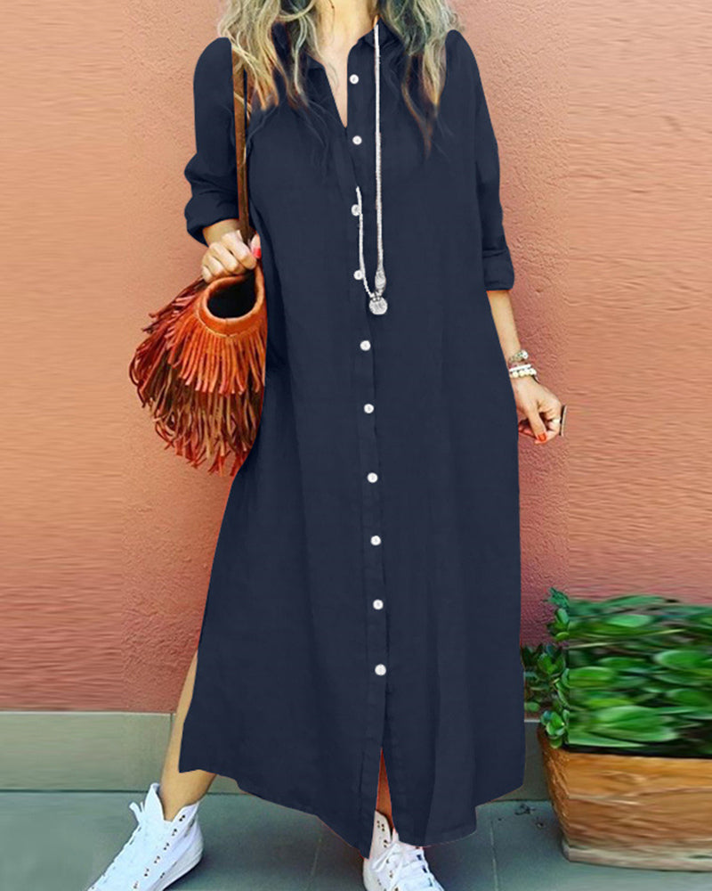 Long Sleeve V Neck Slim Fit Fashion Button Up Dress Sexy Linen Blend Long Dress Shirt Dress - Navy blue