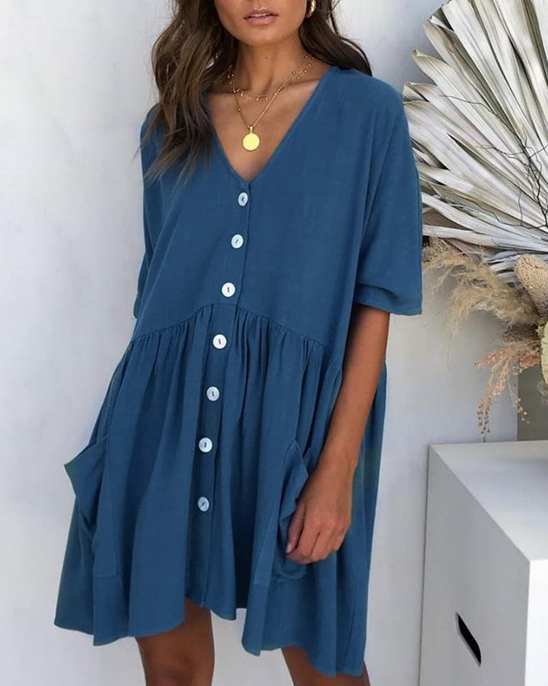 Half Sleeve Summer Shirt Dress V Neck Button Down Casual Loose Flowy Swing Mini Dress with Pockets - Dark Blue
