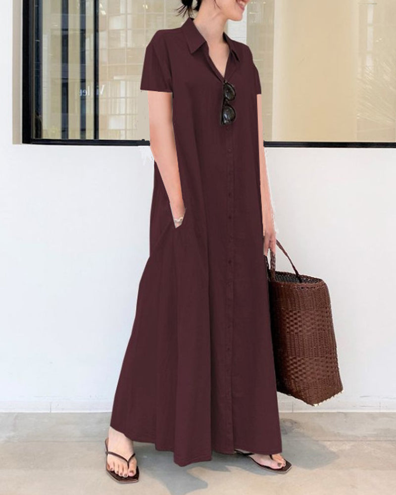 Zeagoo Women's Casual Loose Short Sleeve Beach Dress Solid Color Loose Temperament Long Shirt Dress - Wine Red L-
