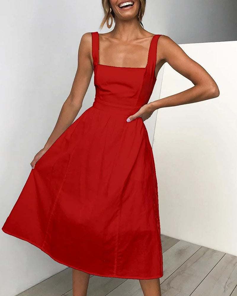 Square Neck Sleeveless Elastic Waist A-line Midi Dress - Red S