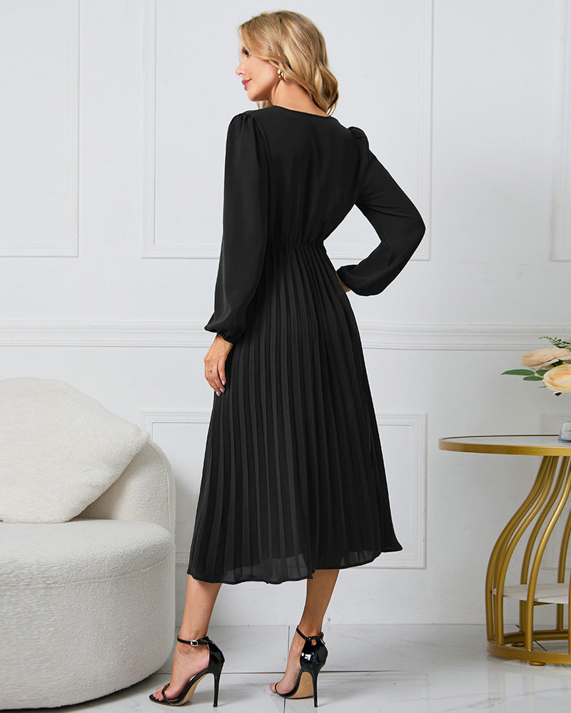 Elegant Wrap V Neck Lantern Sleeve Bulted Pleated Flowy Midi Dress - Black
