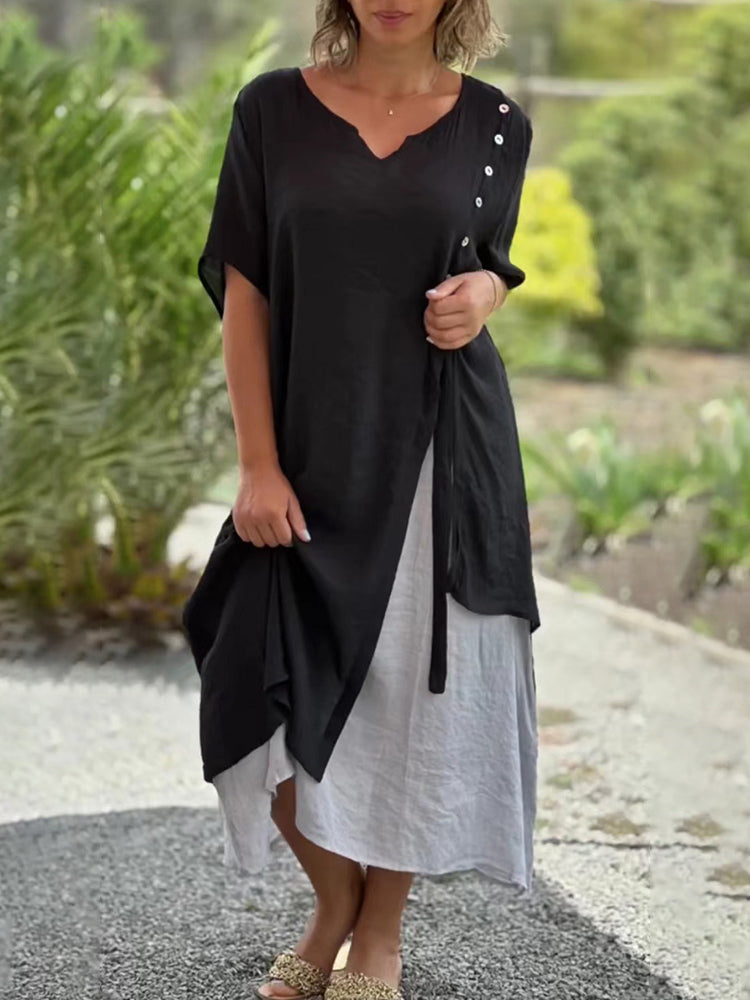 Zeagoo Women's Asymmetric Summer V Neck Short Sleeve Patchwork Split Loose Casual Ankle-Length Long Dress - Black