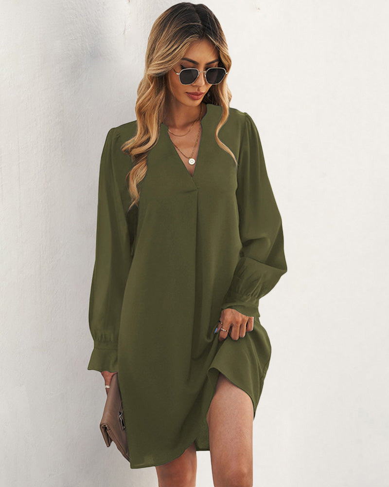 Notch Neck Solid Tunic Dress V-Neck Puff Sleeve Mini Tunic Dress - Green S