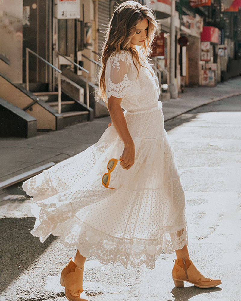 V Neck Short Sleeve Lace Maxi Dress - White M
