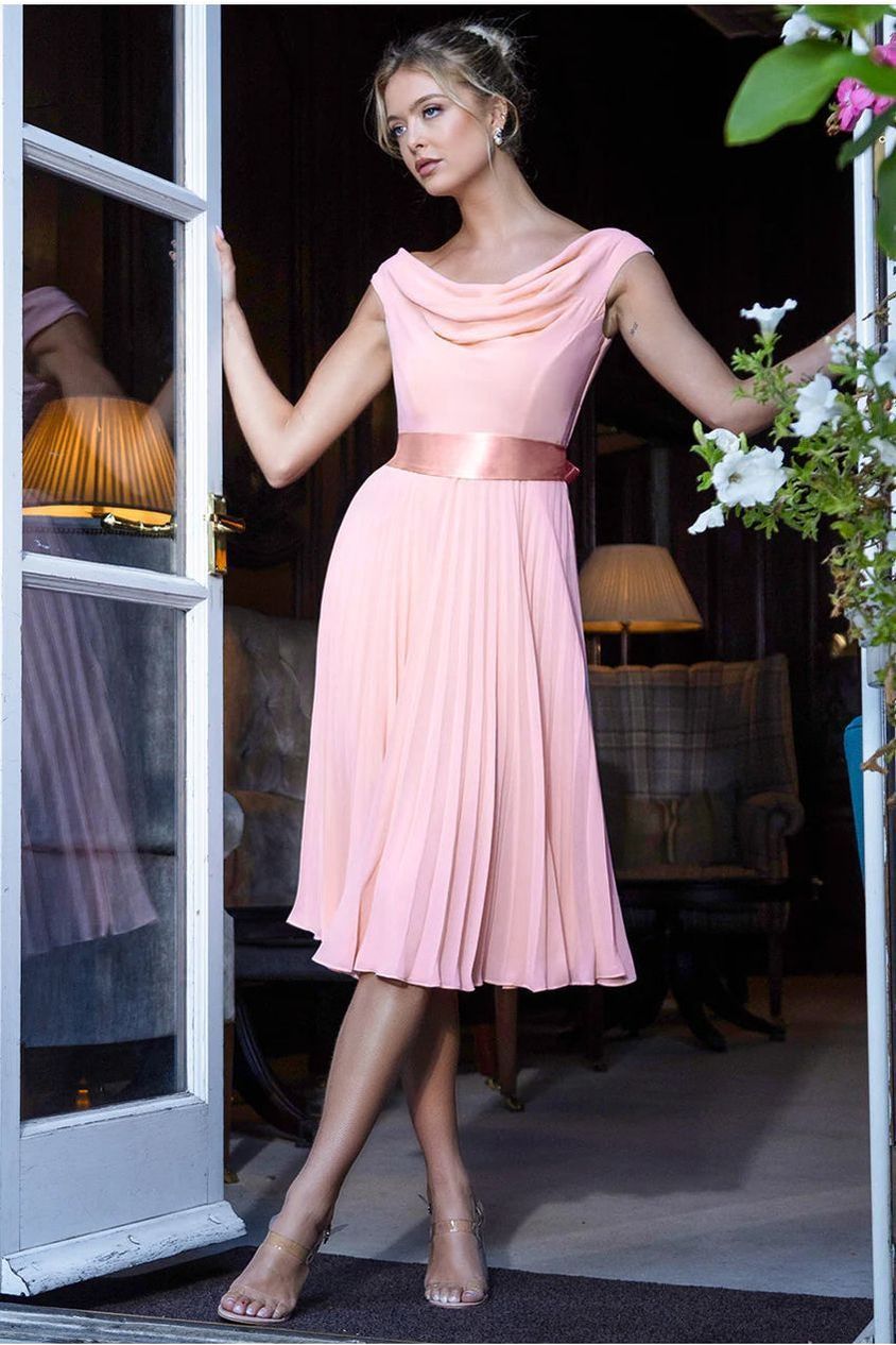 Goddiva Cowl Neck Pleated A-Line Chiffon Midi Dress