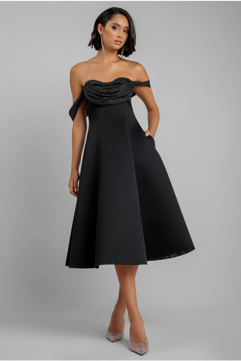 Goddiva Sparkle Chiffon Cowl Bardot Skater Midi Dress