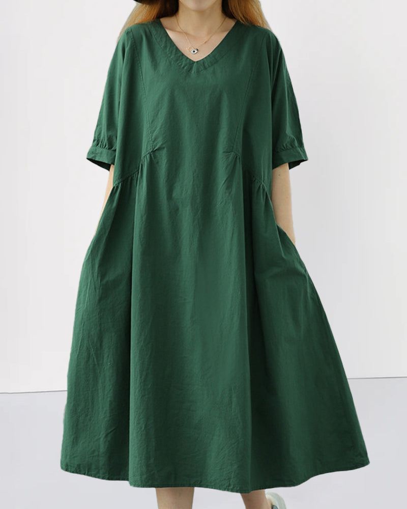 Summer Short Sleeve V-Neck Solid Cotton Casual Dress with Pockets - Green