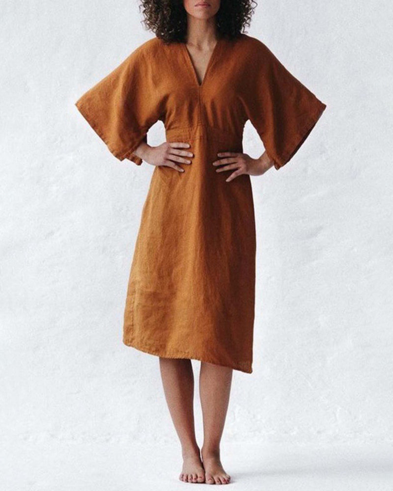 Zeagoo Women's Casual Solid V-Neck Half Sleeve Split Hem Strap Dress with Belt - Brown S