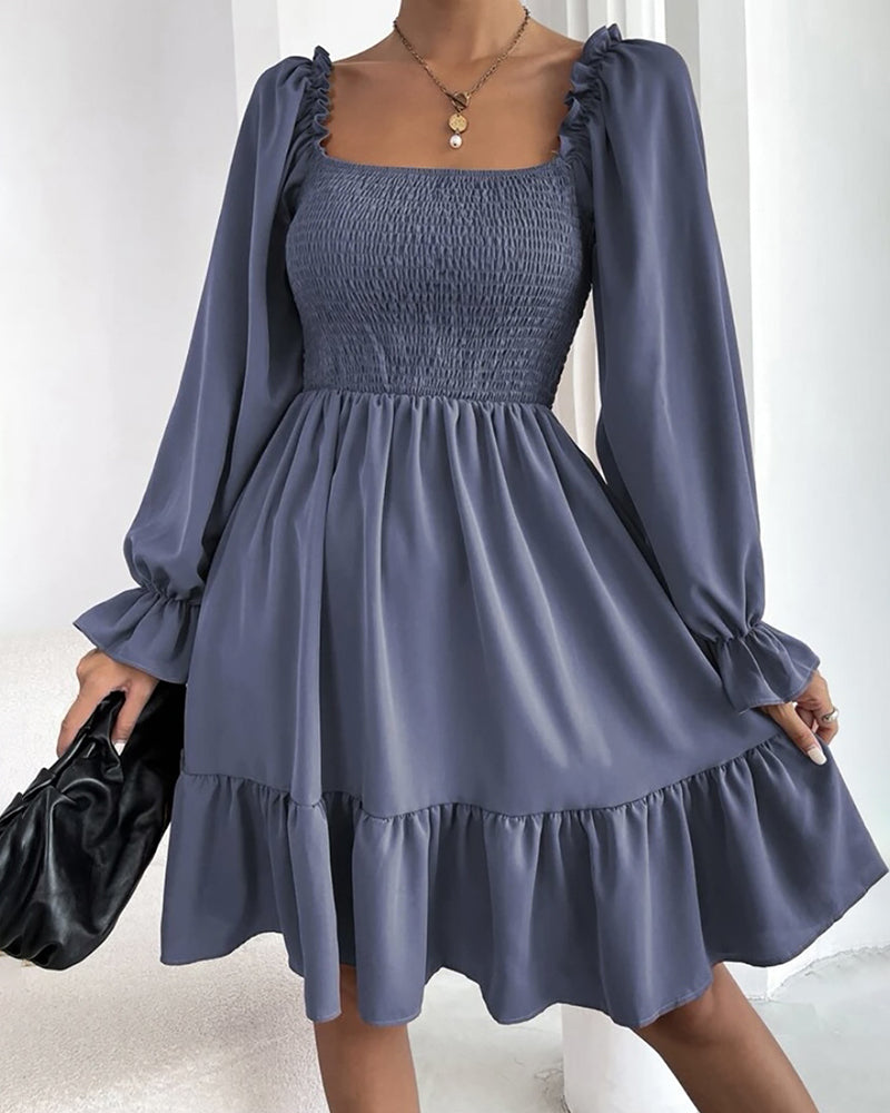 Square Neck Long Sleeve Shirred Ruffle Hem Dresses High Waist A Line Knee Length Elegant Mini Dress - Dark Grey S