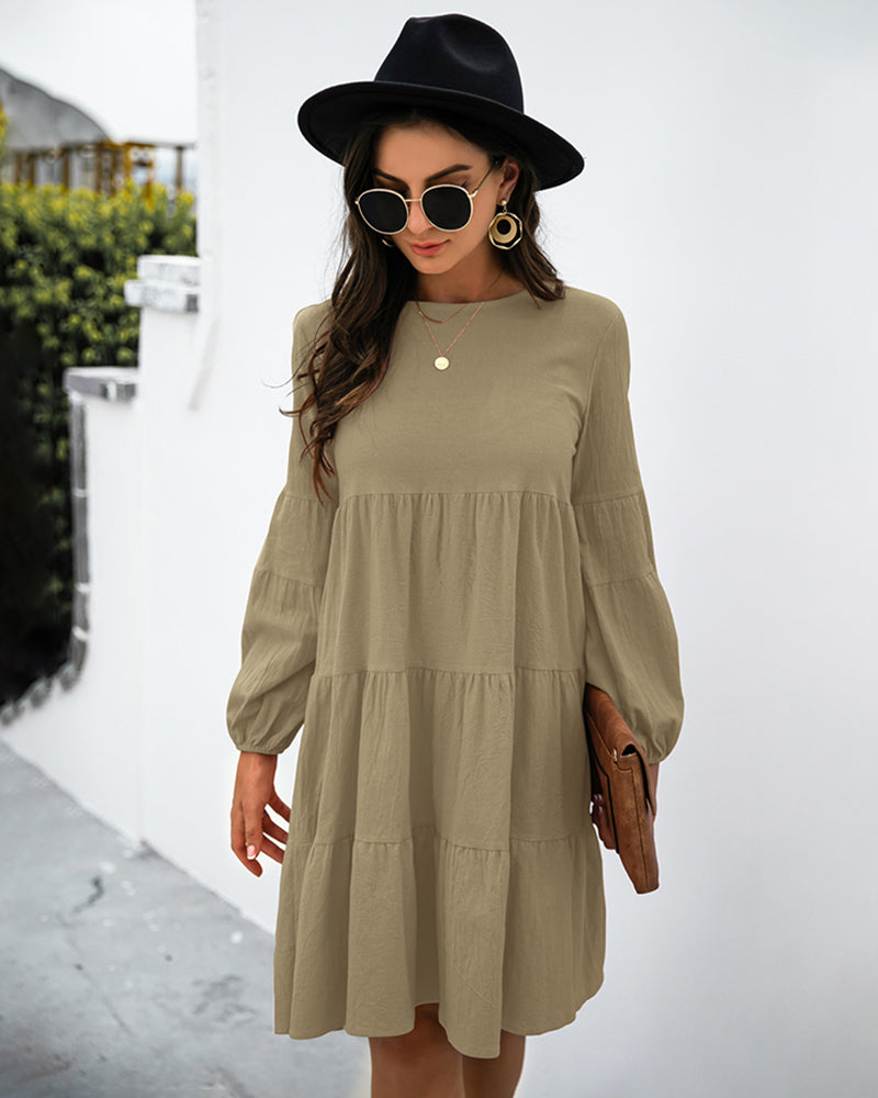 Long Puff Sleeve Shirt Dress Casual Crewneck Loose Fit Sundress Trendy Tiered Layer Summer Mini Dresses - Army Green