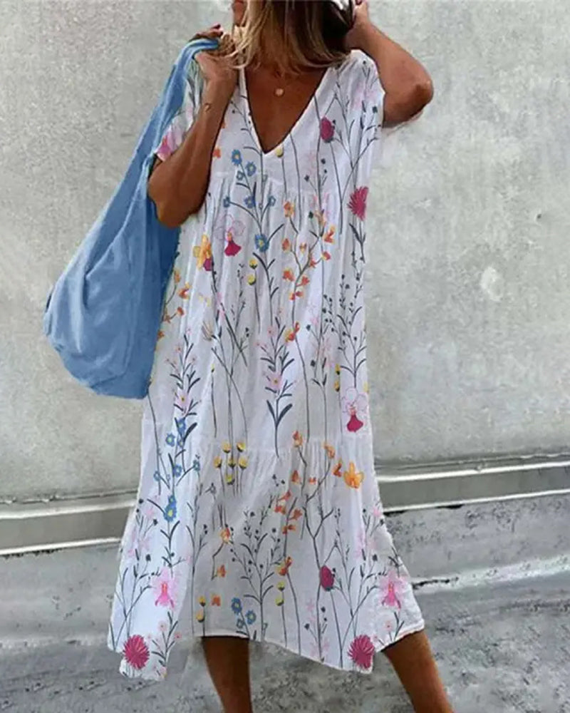 Zeagoo Women's Baggy Floral Print Swing Midi Dress Short Sleeve Casual Beach Sundress - Lake Blue