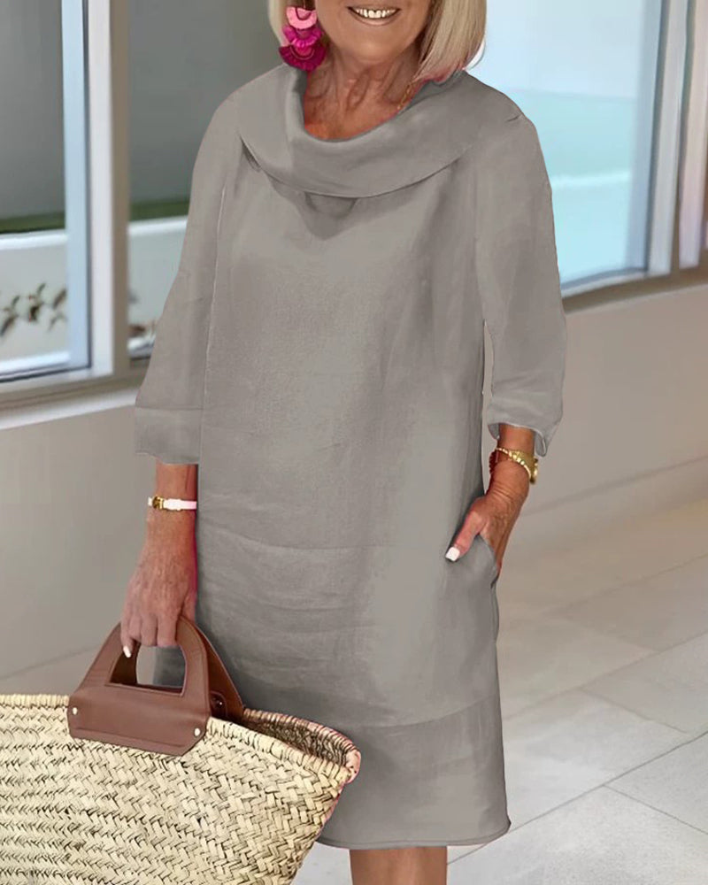 Stitching Round Neck Casual Style Solid Color Long Sleeve Dress - Grey L