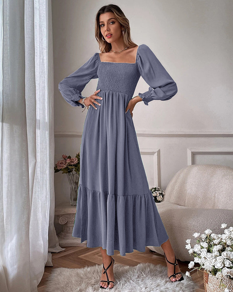 Solid Color Long Sleeve Dress Square Neck Lotus Leaf Maxi Dress - Dark Grey L-