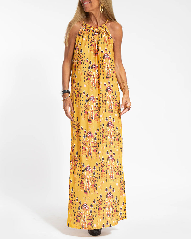 Summer Printed Sleeveless Halter Neck Slit Casual Vacation Dress - Yellow S