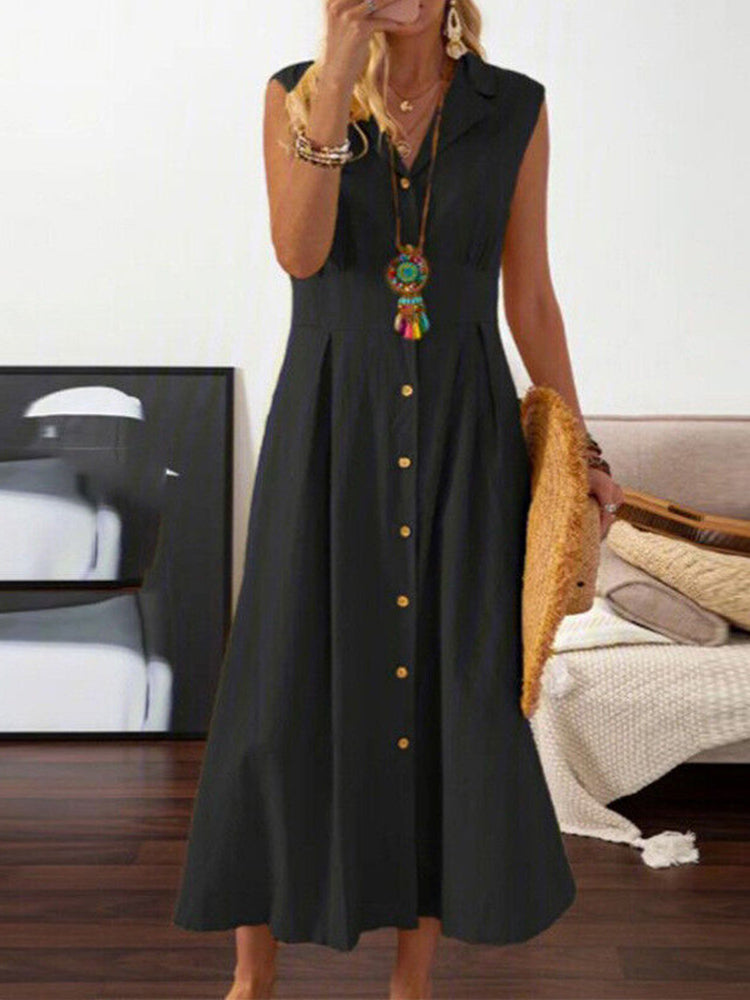 V Neck Lapel Button Down Maxi Dress Sleeveless Casual Beach Long A Line Shirt Sundress - Black M