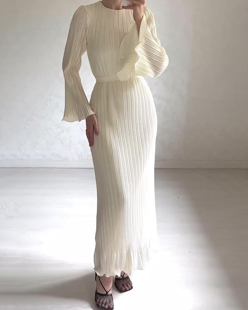 Pleated Bell Sleeve Back Tie Up Maxi Dress - White S