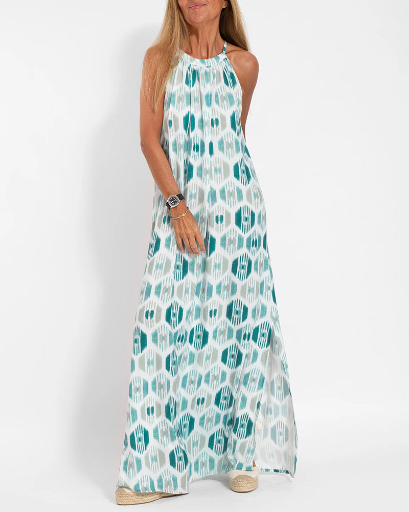 Summer Printed Sleeveless Halter Neck Slit Casual Vacation Dress - Green L-