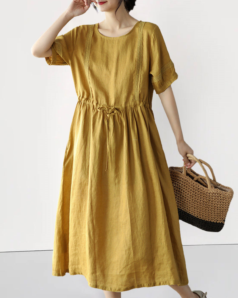 Retro Stitching Dress High Waist Lace Up Swing Skirt Knee Long Dresses - Yellow