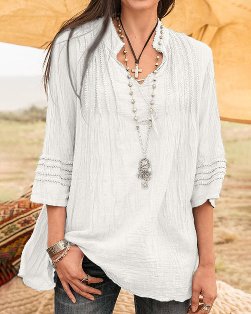 Zeagoo Solid V-Neck Tees Lace Splicing Fold Blouse Flowy Casual Loose Fit Shirt - White M