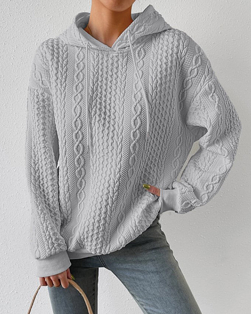 Zeagoo Cable Textured Drop Shoulder Drawstring Hoodie Sweatshirts - Grey