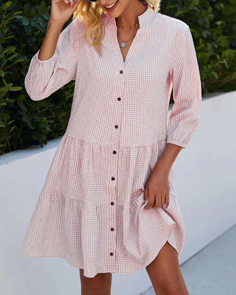 Plaid Print Shirt Dresses Button Up Split Neck Tunic Dress - Pink S