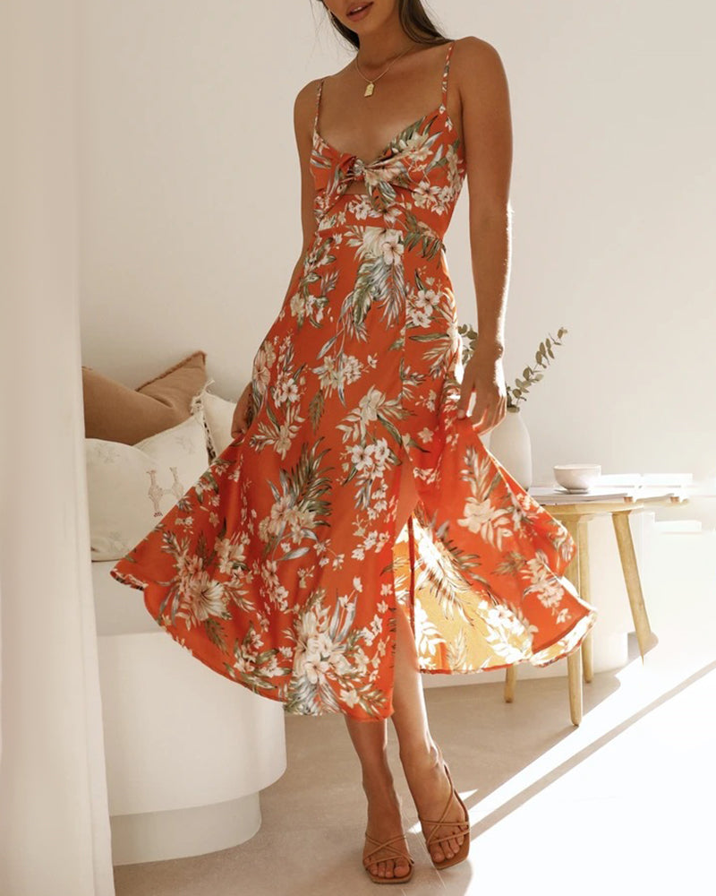 Spaghetti Strap Midi Dresses Sexy Deep V Neck Backless Floral Print Side Slit Maxi Dress - Orange L-
