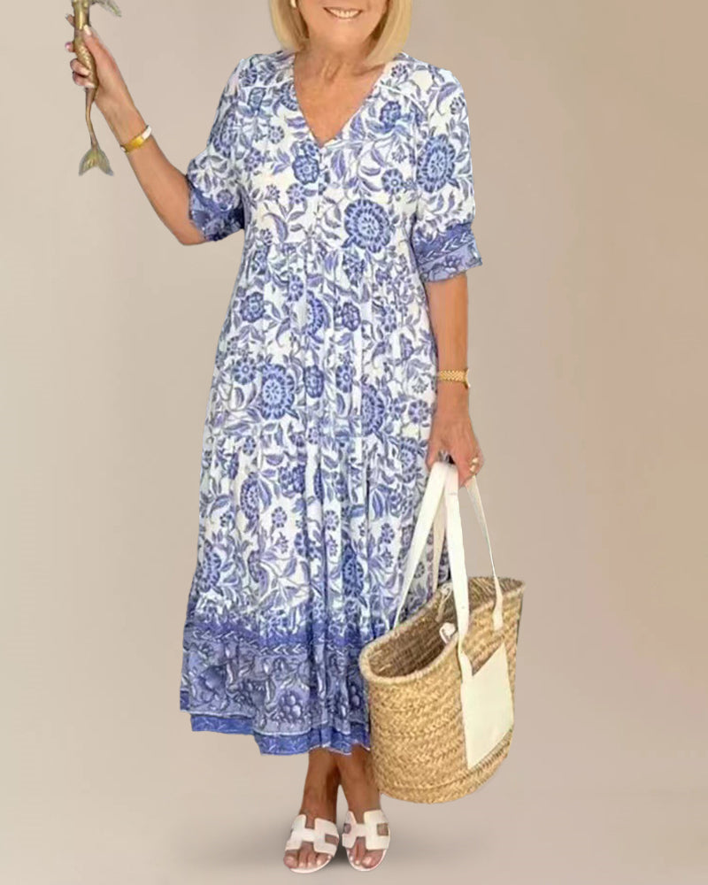 V Neck Bohemian for Womens Summer Printed Floral Short Sleeve Causal Long Maxi Beach Dress - Blue L-