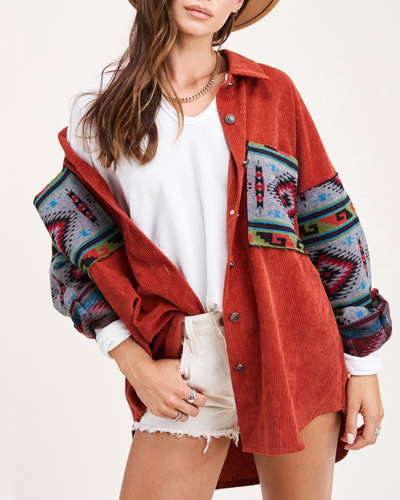 Zeagoo Corduroy Patch Print Pocket Coat Long Sleeve Jacket Top - Orange S