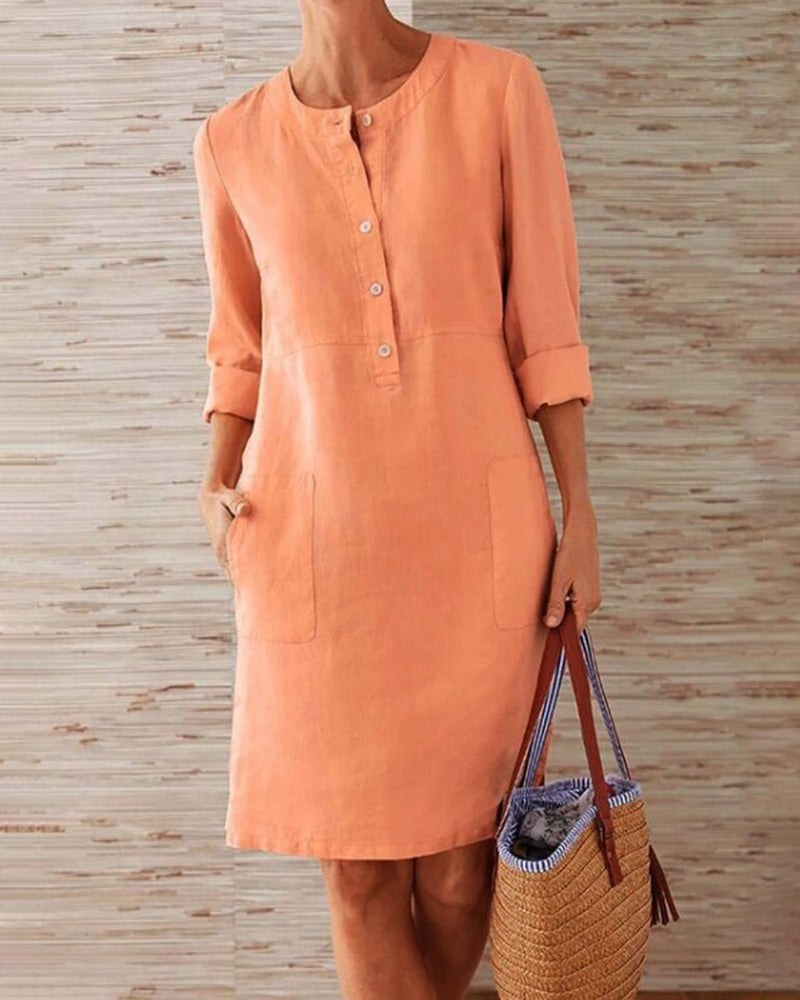 Solid Color Pockets Round Neck Long Sleeve Buttons Dress - Orange S