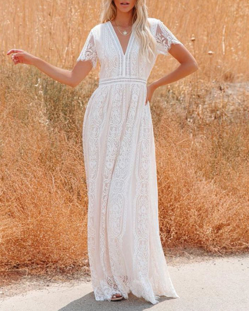 V-Neck Half Sleeves Lace Bohemian Floor Length Dress - White M