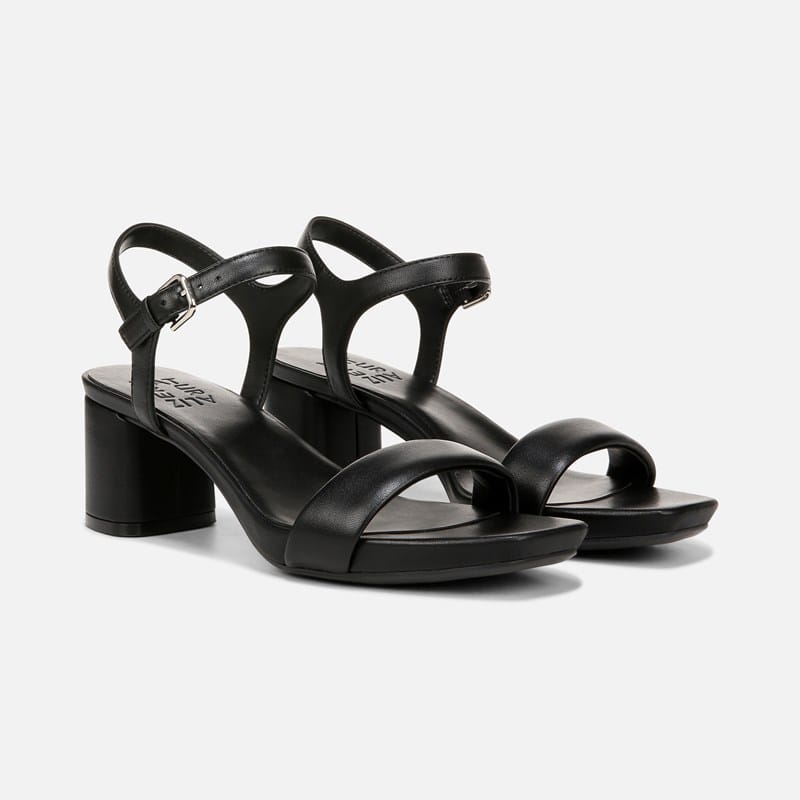 Naturalizer Izzy Dress Sandals, Black Leather, .W Block Heels, Ankle Strap