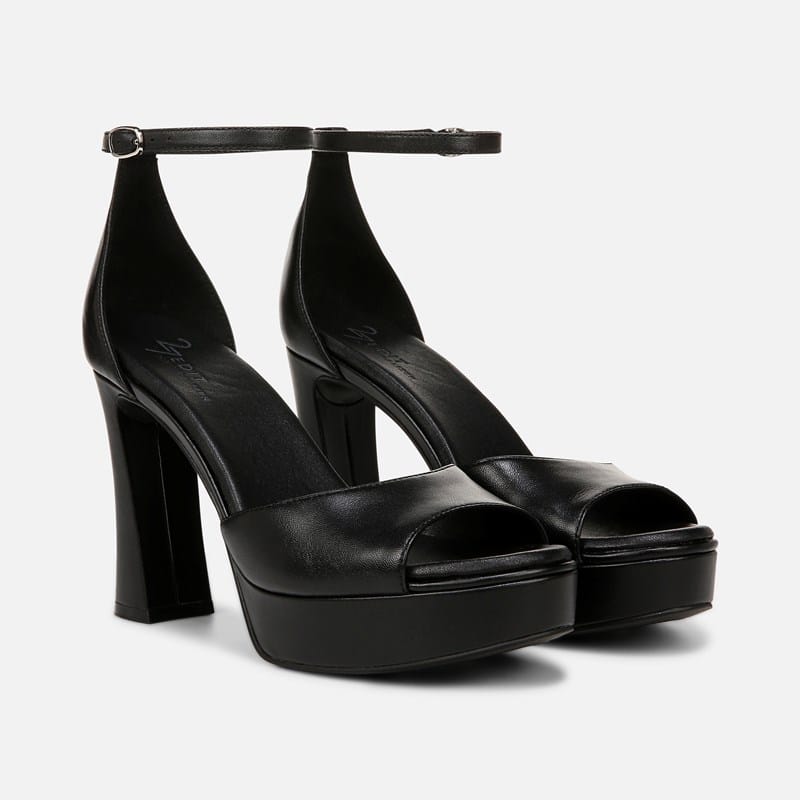 EDIT Delphie Dress Sandals, Black Leather Satin, .W Almond Toe, Ankle Strap, Rubber Outsole