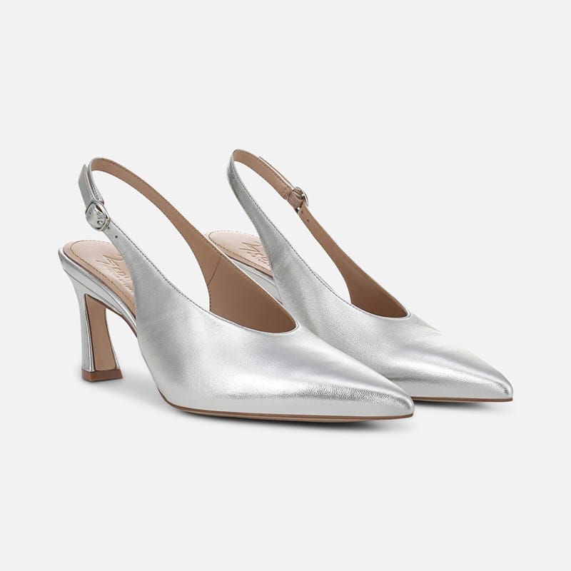EDIT Elaine Slingback Dress Shoes, Silver Leather, .M Pointed Toe, Strap, Rubber Outsole