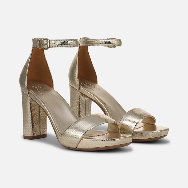 Naturalizer Joy Dress Sandals, Light Gold Leather, .W Strappy Style, Open Toe, Block Heels