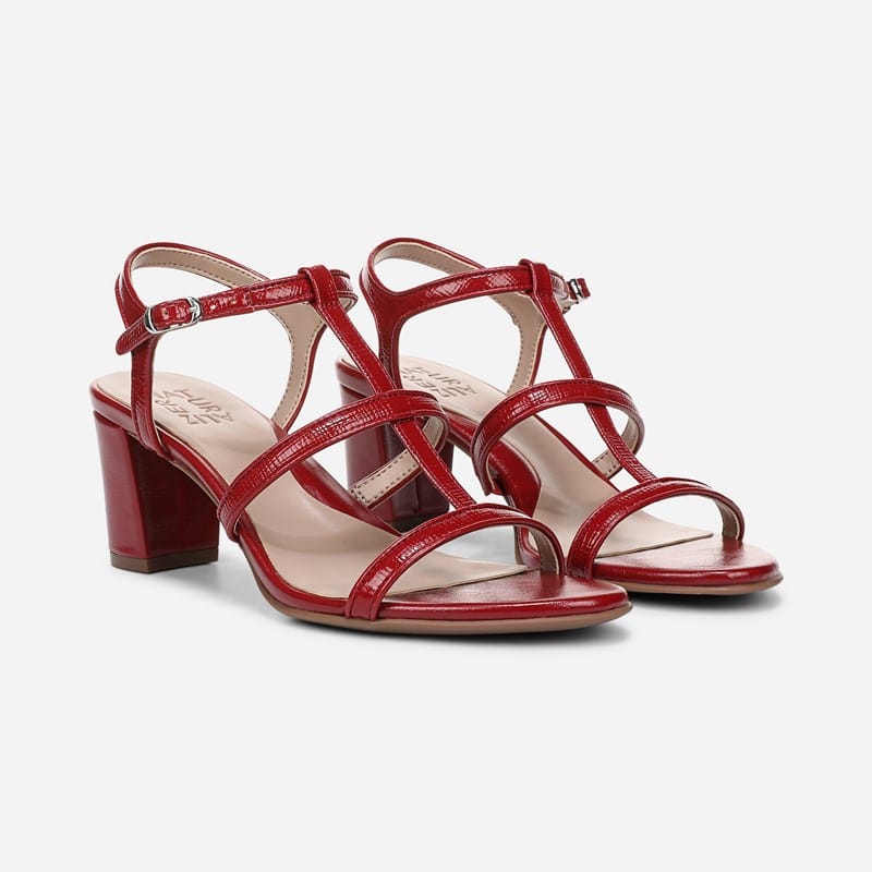 Naturalizer Bristol-Cage Strappy Dress Sandals, Hearts Flame Red Faux Leather, .M Open Toe, Block Heels