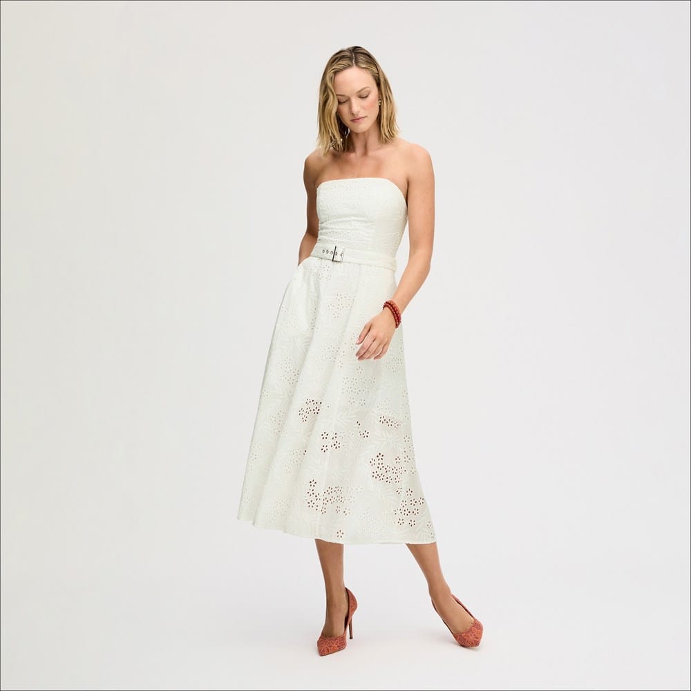 Strapless Belt Eyelet Midi Dress White