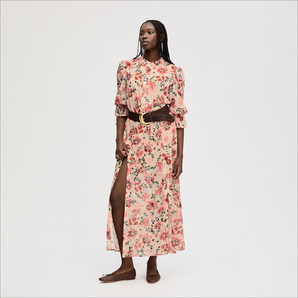 Blouson Midi Dress Almond Watercolor Floral
