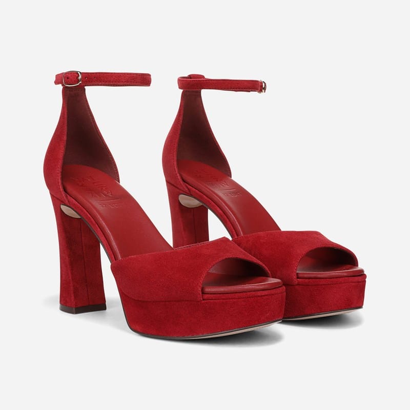 EDIT Delphie Dress Sandals, Hearts Flame Red Suede Satin, .W Almond Toe, Ankle Strap, Rubber Outsole
