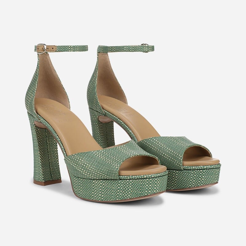EDIT Delphie Dress Sandals, Green Multi Faux Raffia Satin, .M Almond Toe, Ankle Strap, Rubber Outsole
