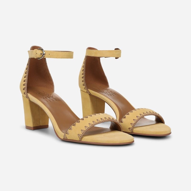 Naturalizer Vera Dress Sandals, Beehive Yellow Suede Fabric, .M Strappy Style, Open Toe, Block Heels, Ankle Strap
