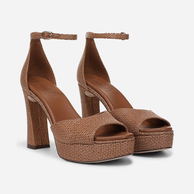 EDIT Delphie Dress Sandals, Walnut Brown Faux Raffia Satin, .W Almond Toe, Ankle Strap, Rubber Outsole