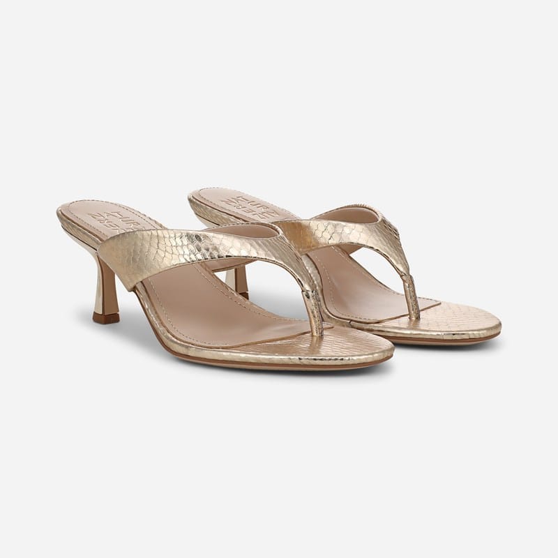 EDIT Tressa Dress Sandals, Gold Snake Print Faux Leather Suede, .M Slip-On, Open Toe