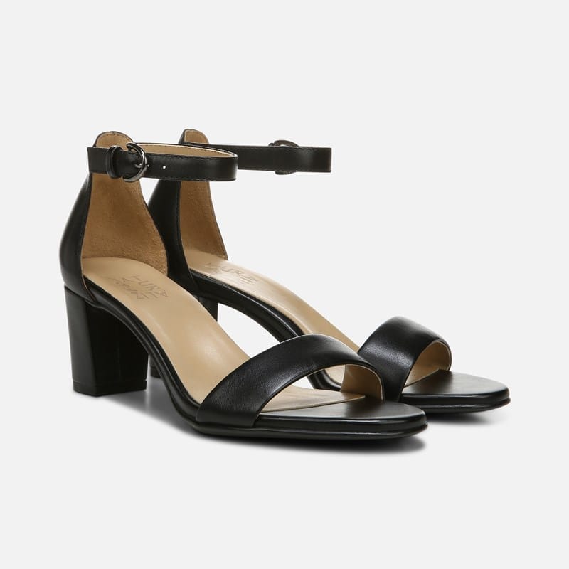 Naturalizer Vera Dress Sandals, Black Leather Satin, .WW Almond Toe, Block Heels