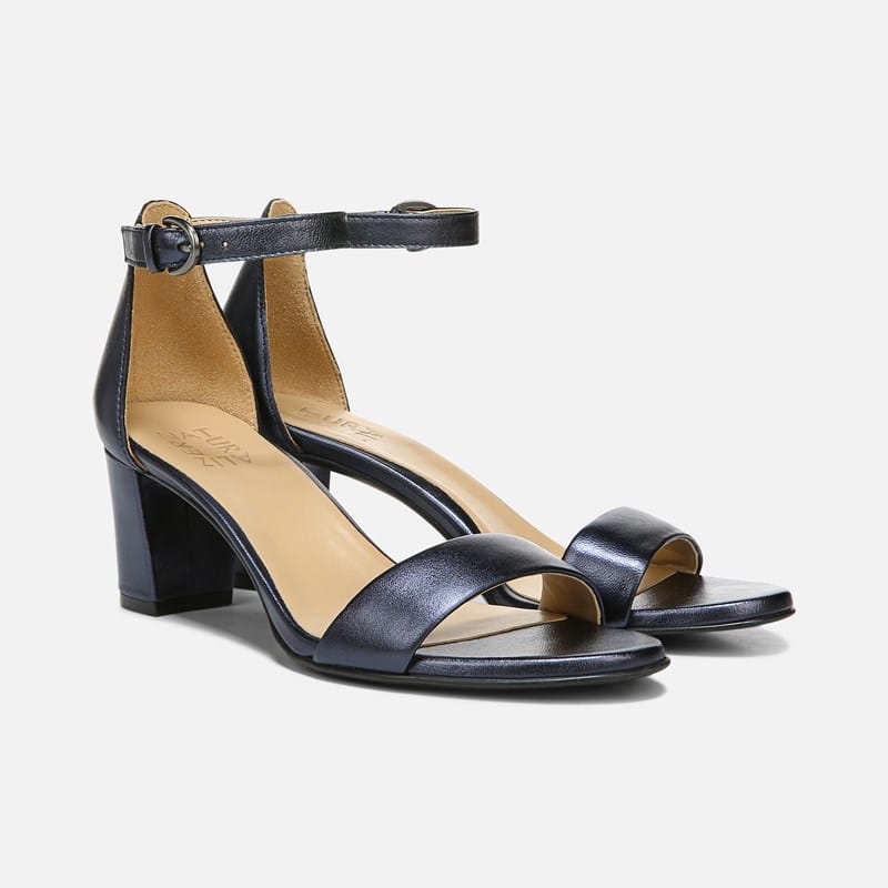 Naturalizer Vera Dress Sandals, French Navy Leather Satin, .W Almond Toe, Block Heels