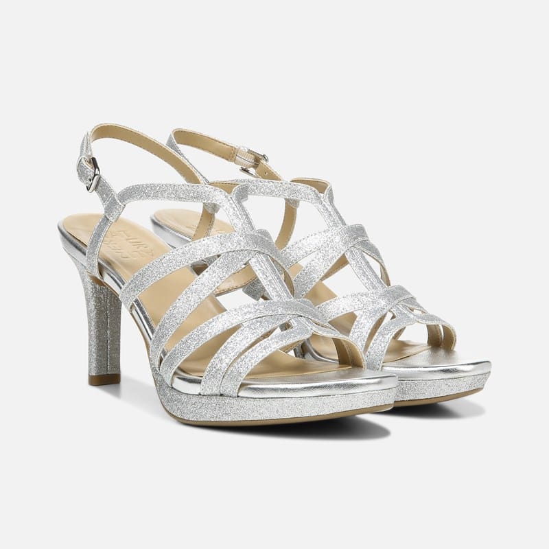 Naturalizer Baylor Dress Sandals, Silver Glitter Synthetic Fabric, .M Strappy Style, Open Toe