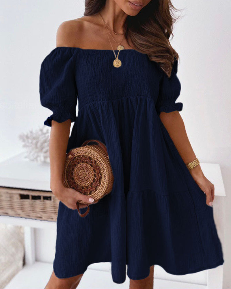 Off Shoulder Summer Casual Dresses Solid Loose Fit Short Flowy Pleated Dress Swing Beach Sundress - Navy blue