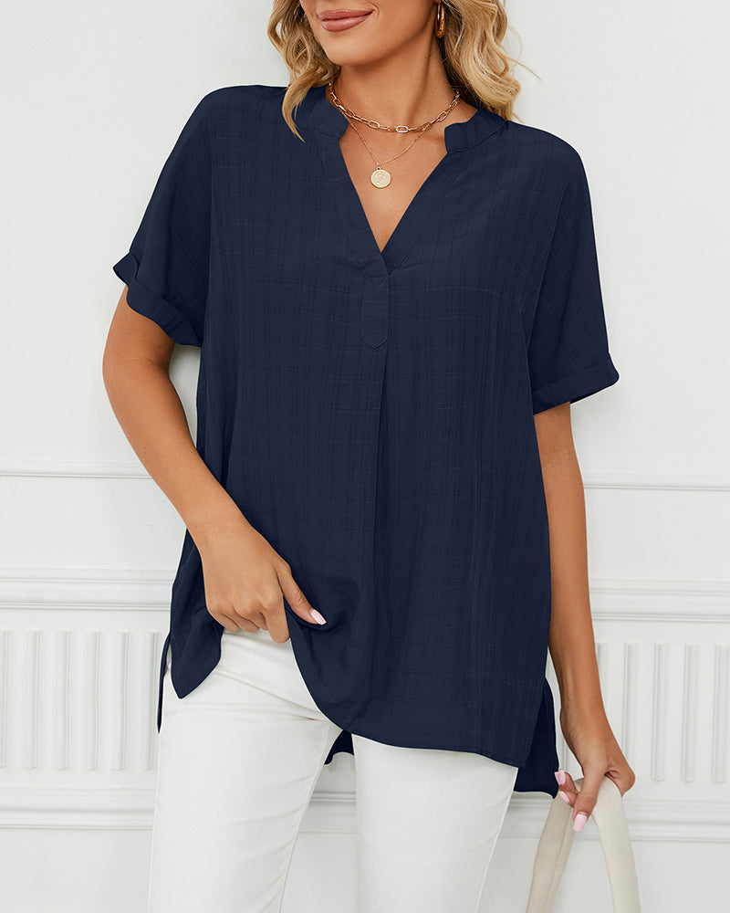 V Neck Blouse Elegant Casual Short Sleeve V Neck Shirt - Navy blue M