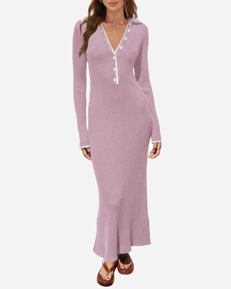 Turndown Collar Button Knit Slim Fit Maxi Dress - Purple S