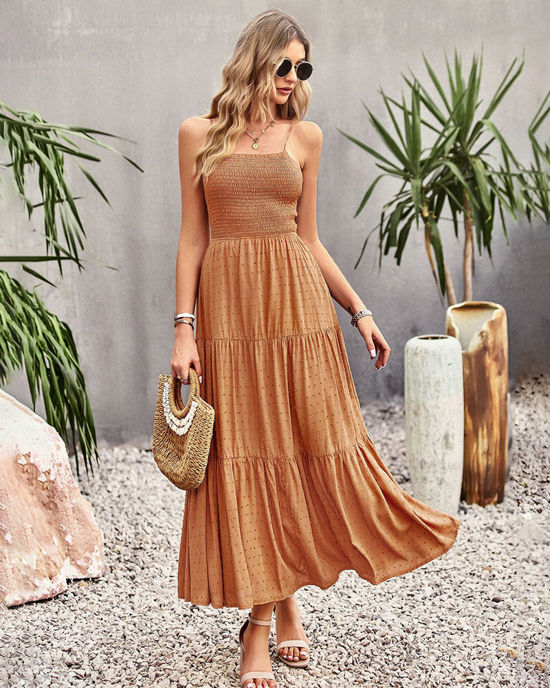 Sleeveless Lace-up Backless Smocked Tiered Maxi Dress Boho Long Beach Sundresses - Orange