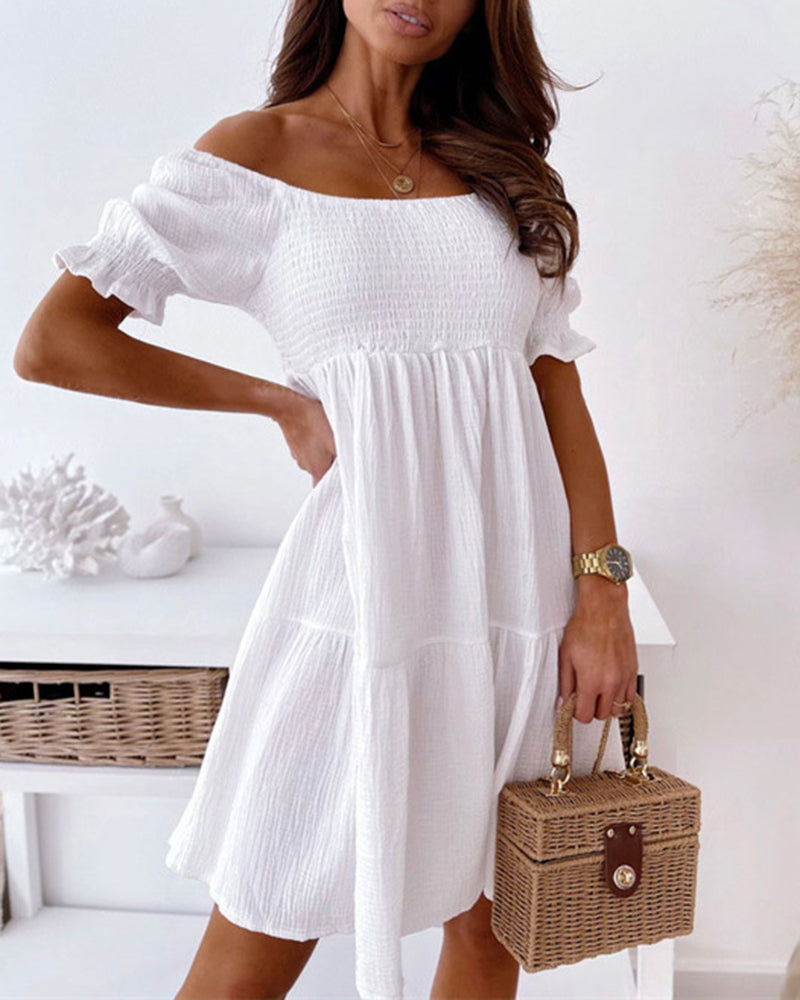 Off Shoulder Summer Casual Dresses Solid Loose Fit Short Flowy Pleated Dress Swing Beach Sundress - White S